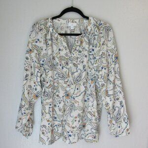 J. Jill Floral Puffy Sleeve Button Closure Large Elasticized Cuff Blouse Cotton